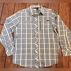 RocaWear shirt men’s XL blue gray yellow plaid button down cotton long sleeve
